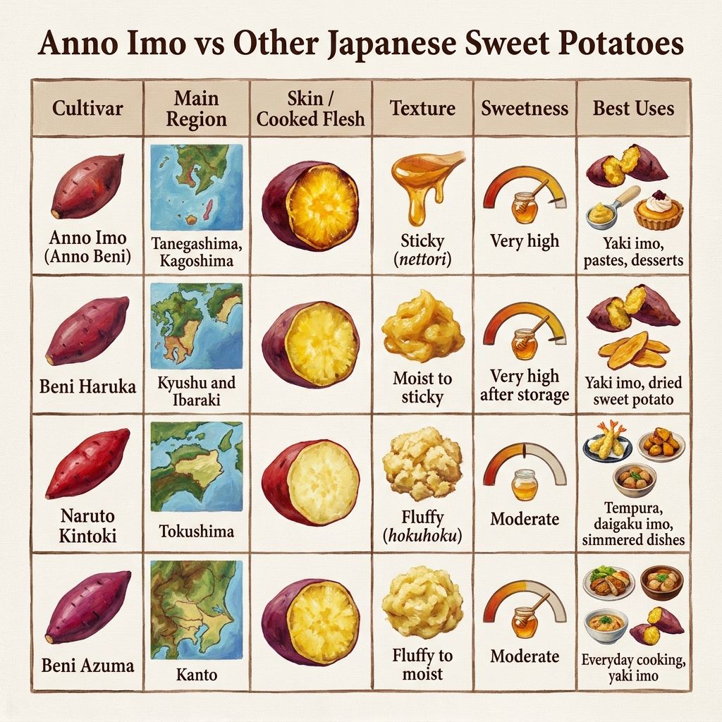 Comparison of Japanese sweet potatoes: Anno Imo, Beni Haruka, Naruto Kintoki, Beni Azuma.