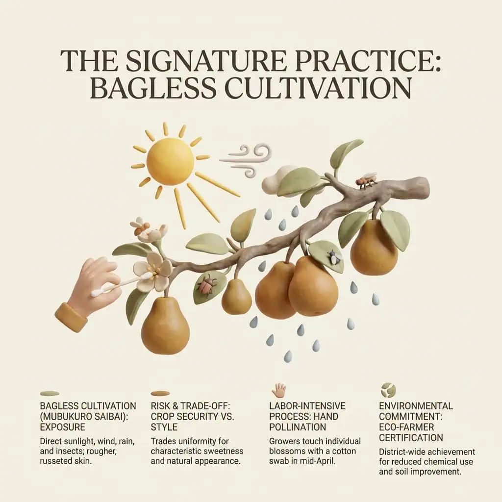 Illustration of bagless pear cultivation with sun, rain, and hand pollination.