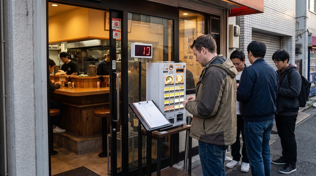 People ordering food at a Japanese restaurant ticket machine in Tokyo.