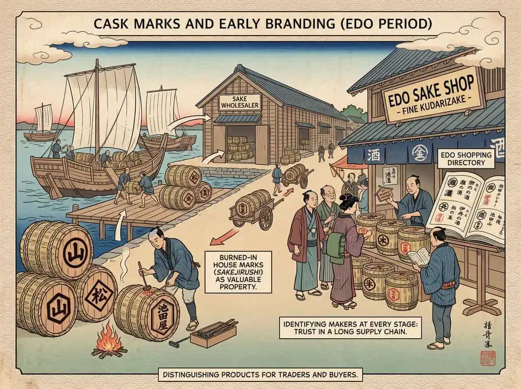 Edo period sake brewing scene with barrels, ships, and shops.
