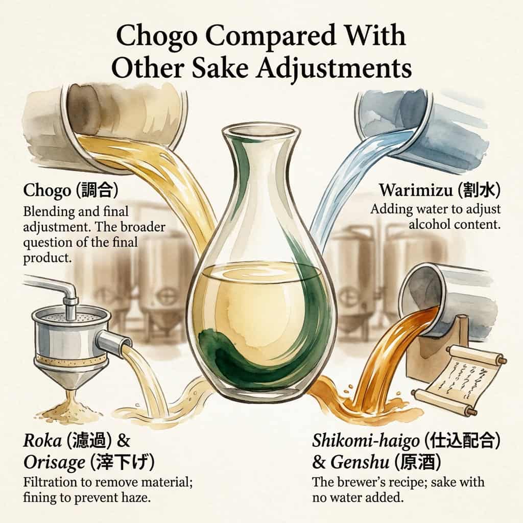 Comparison of sake blending techniques including Chogo, Warimizu, Roka, and Shikomi-haigo.