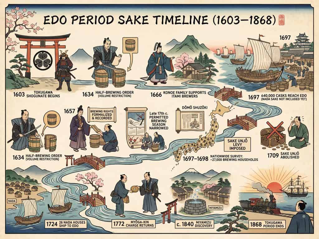 Historical timeline of sake brewing during Japan's Edo period with key events and figures.