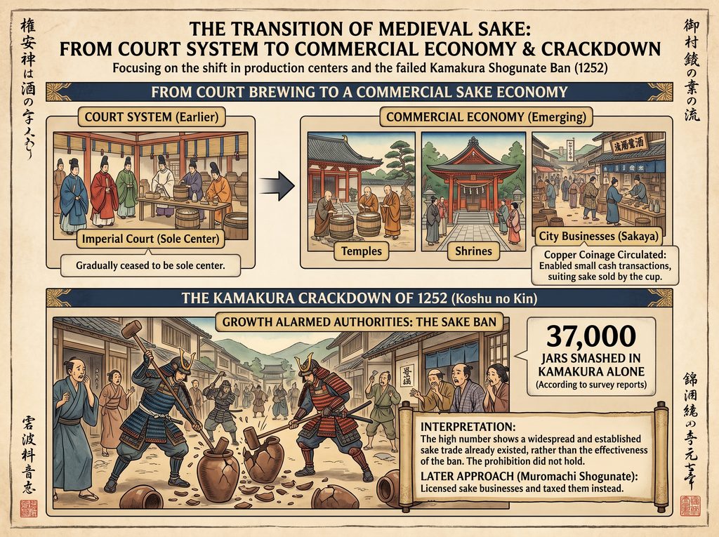 Historical depiction of medieval sake brewing and modern sake shops in Japan.