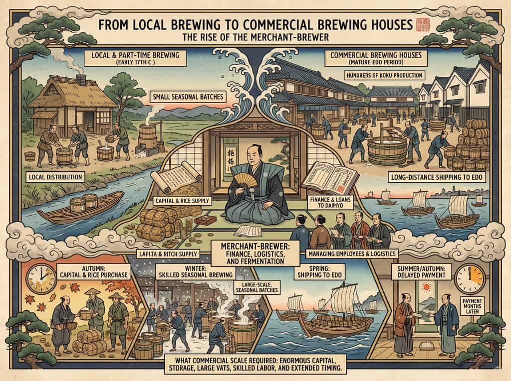 Historical Japanese sake brewing industry from local to commercial production.