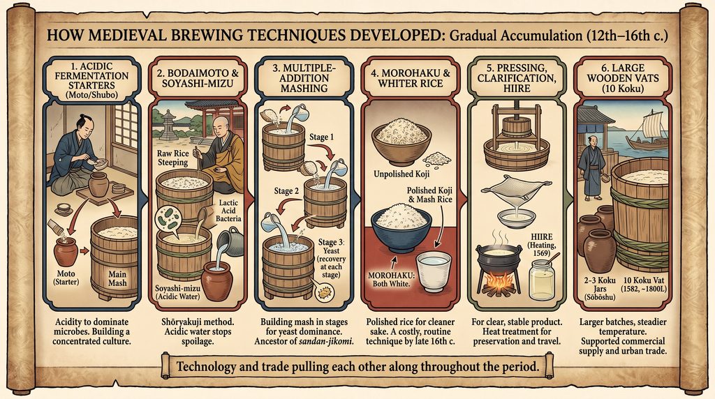 Medieval sake brewing process in Japan with traditional tools and techniques.