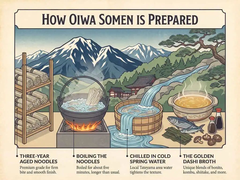 Illustration of how Oiwa Somen is prepared with boiling, chilling, and serving steps.