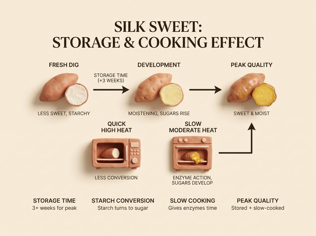 Diagram showing storage and cooking effects of Silk Sweet in Japan.