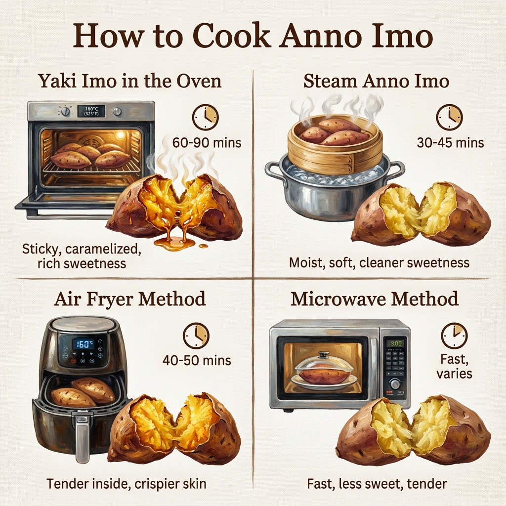 How to cook Anno Imo with four methods: oven, steaming, air fryer, microwave.