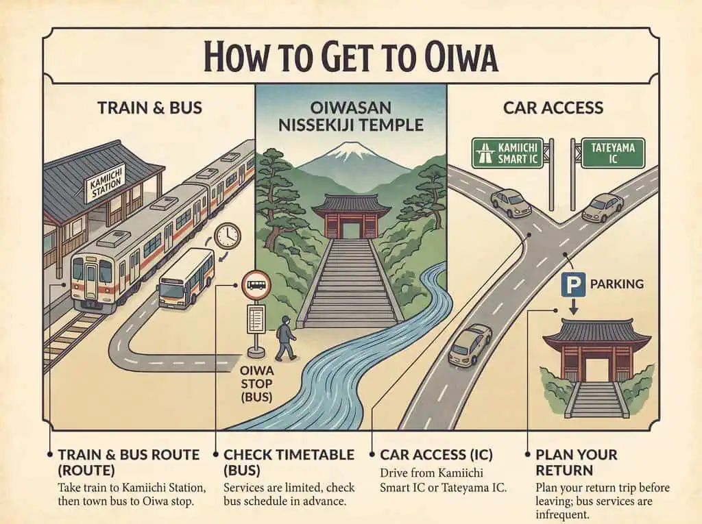 Map showing directions to Oiwa in Japan via train, bus, and car.
