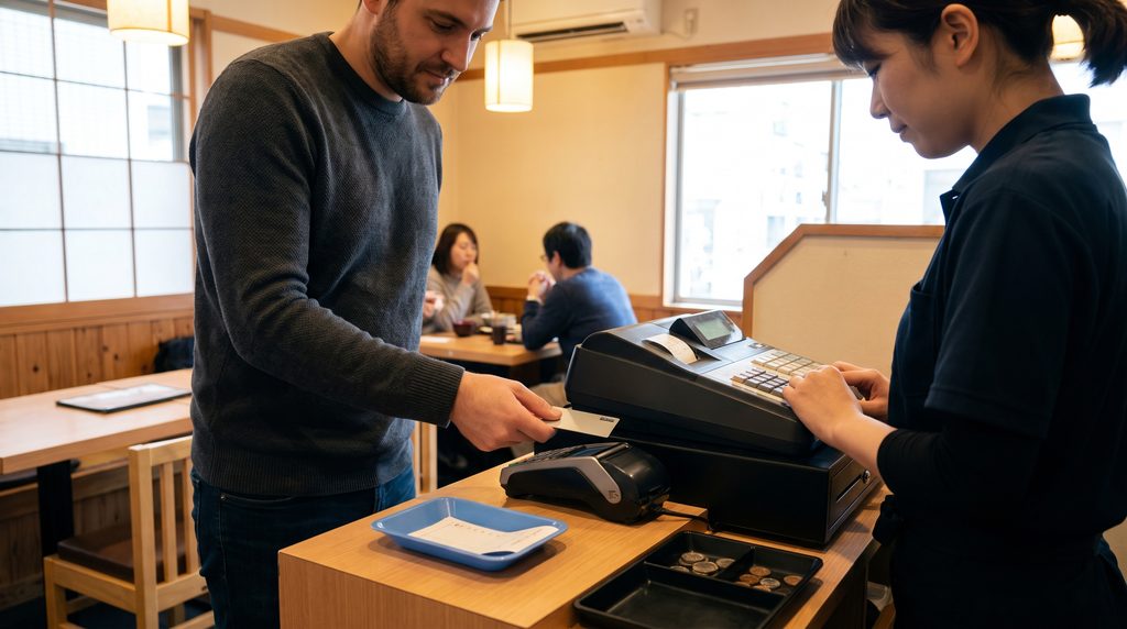 Customer paying at a Japanese restaurant cash register with staff assisting.