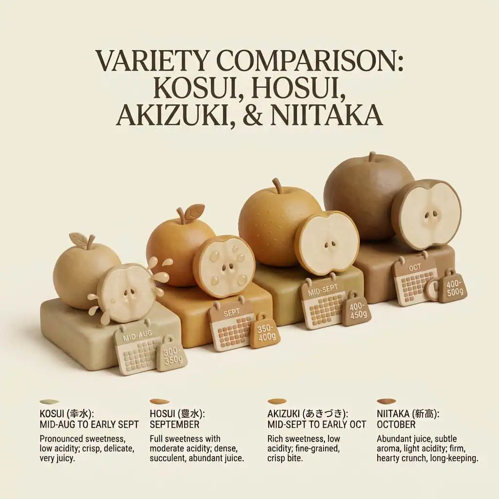 Variety comparison of Kureha Nashi pears from different months in Japan.