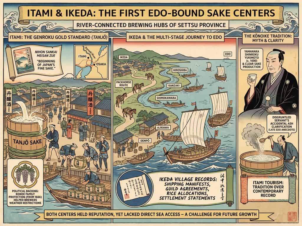 Map of Edo-period sake brewing centers and historical routes in Japan.