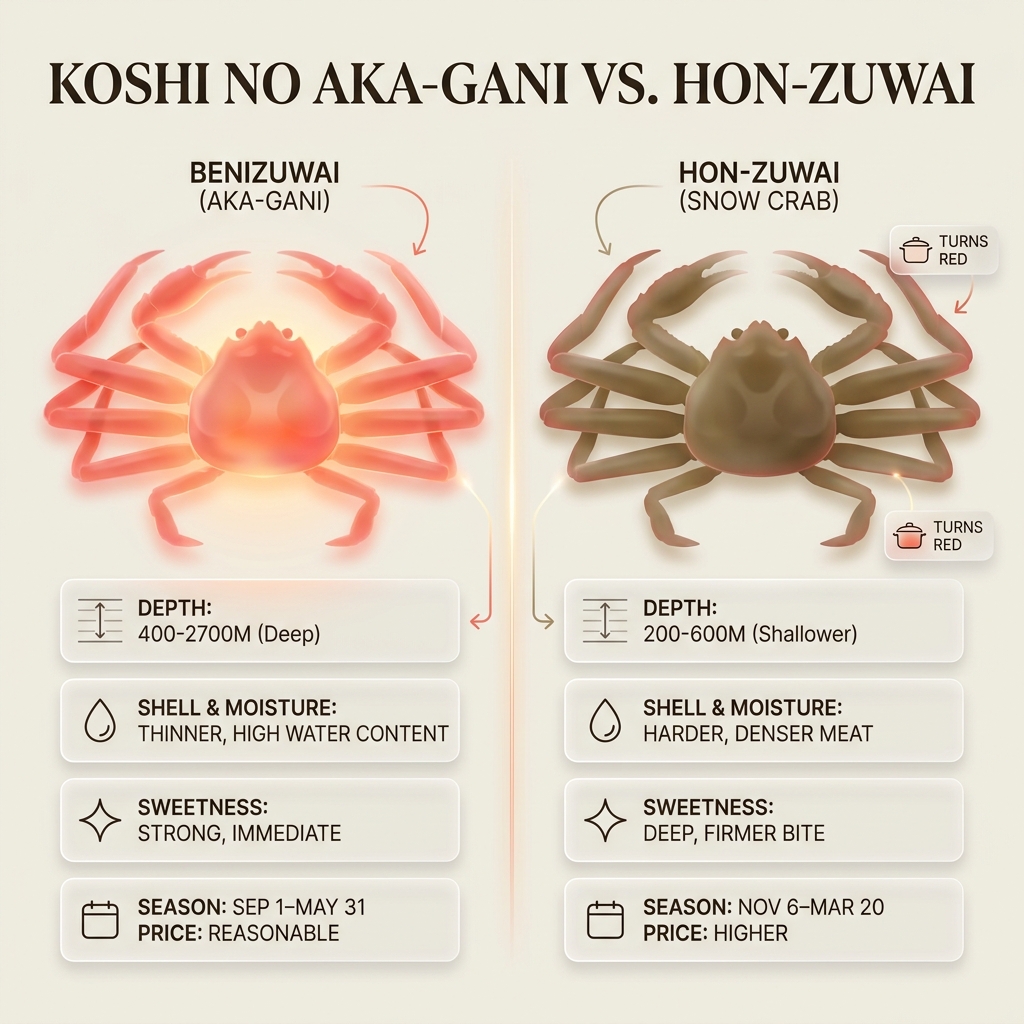 Comparison of Benizuwai and Hon-Zuwai snow crabs with details on depth, shell, sweetness, season, &价.