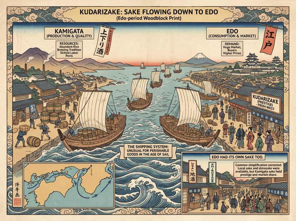 Historical map of sake flow from Edo to Kamigata during the Edo period.