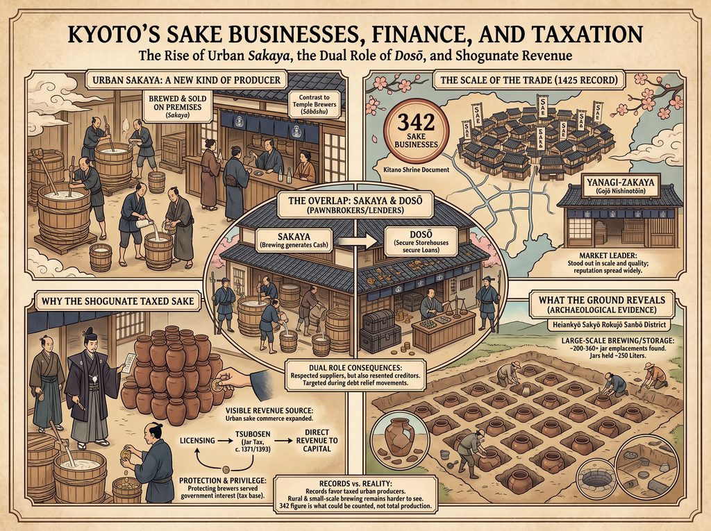 Historical sake breweries and shops in Kyoto, Japan, showcasing traditional brewing methods.