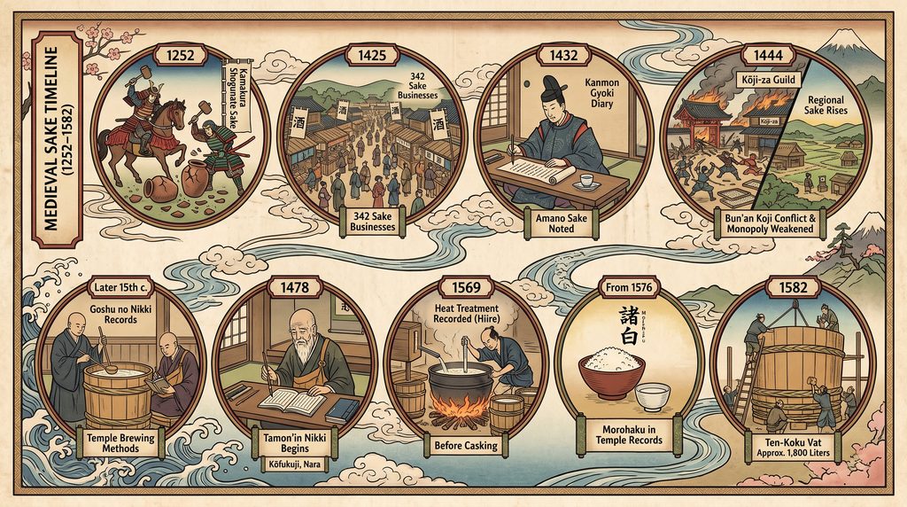 Historical timeline of sake brewing in Japan from 1252 to 1582.