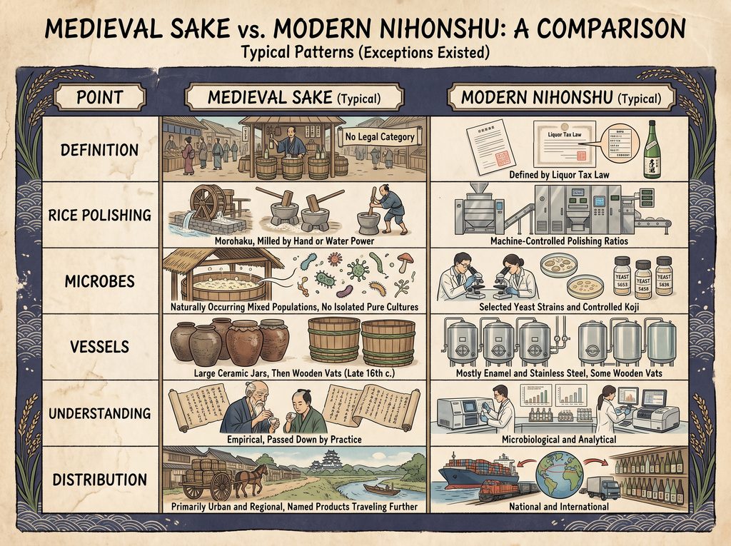 Comparison of medieval sake and modern nihonshu brewing patterns and techniques.