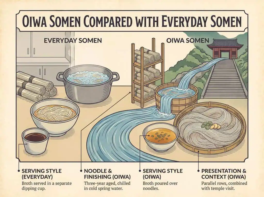 Comparison of Oiwa Somen and everyday somen noodles with serving styles and presentation.