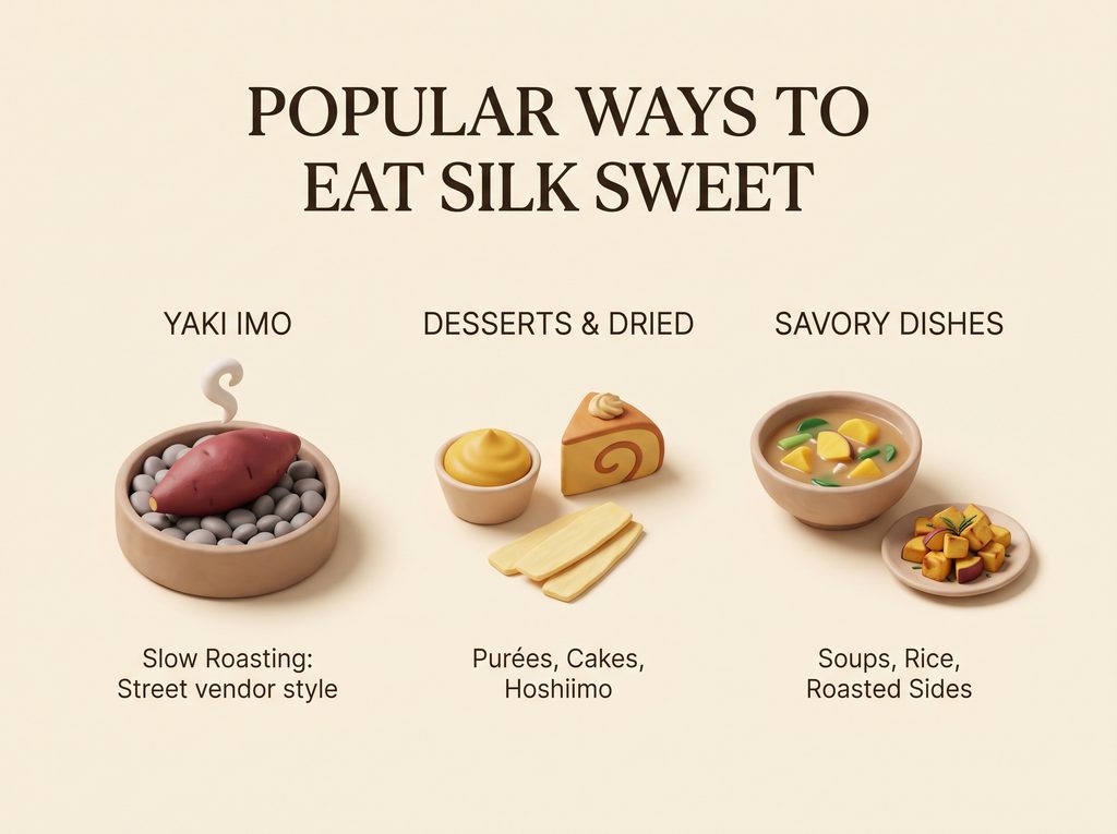 Various ways to enjoy Silk Sweet Japanese dessert with traditional and modern dishes.