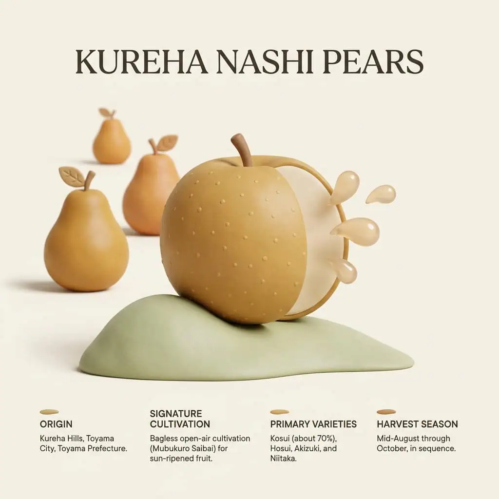 Kureha Nashi pears with artistic design and splash effect, on a minimalist background.
