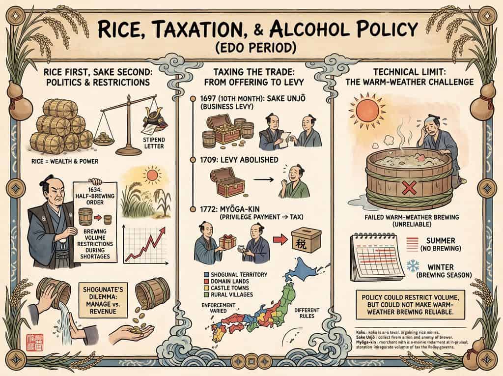Historical rice taxation policies during Japan's Edo period affecting sake brewing.