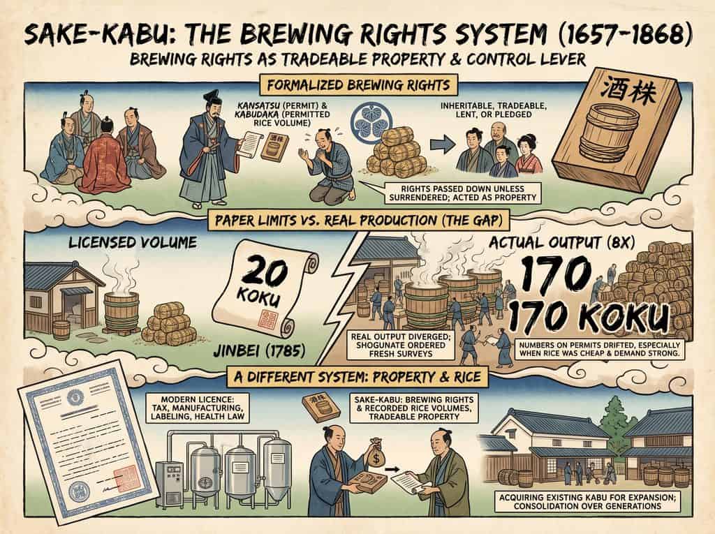 Historical diagram of sake brewing rights system in Japan from 1657-1868.