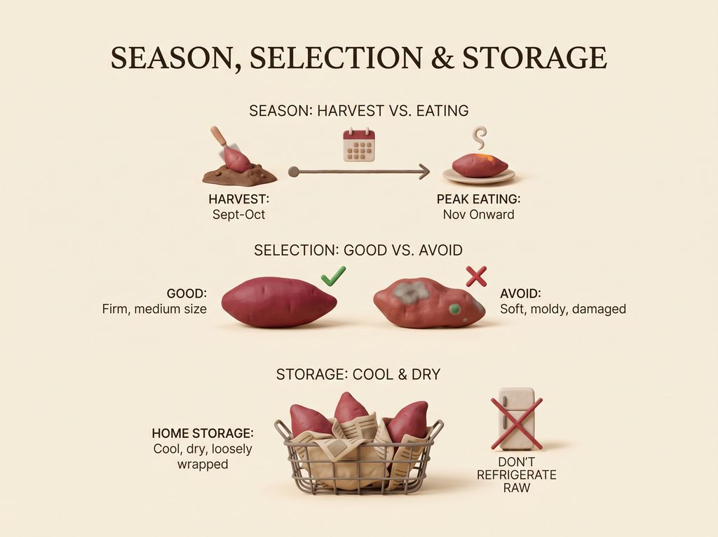 Guide to storing and selecting sweet potatoes for optimal freshness.
