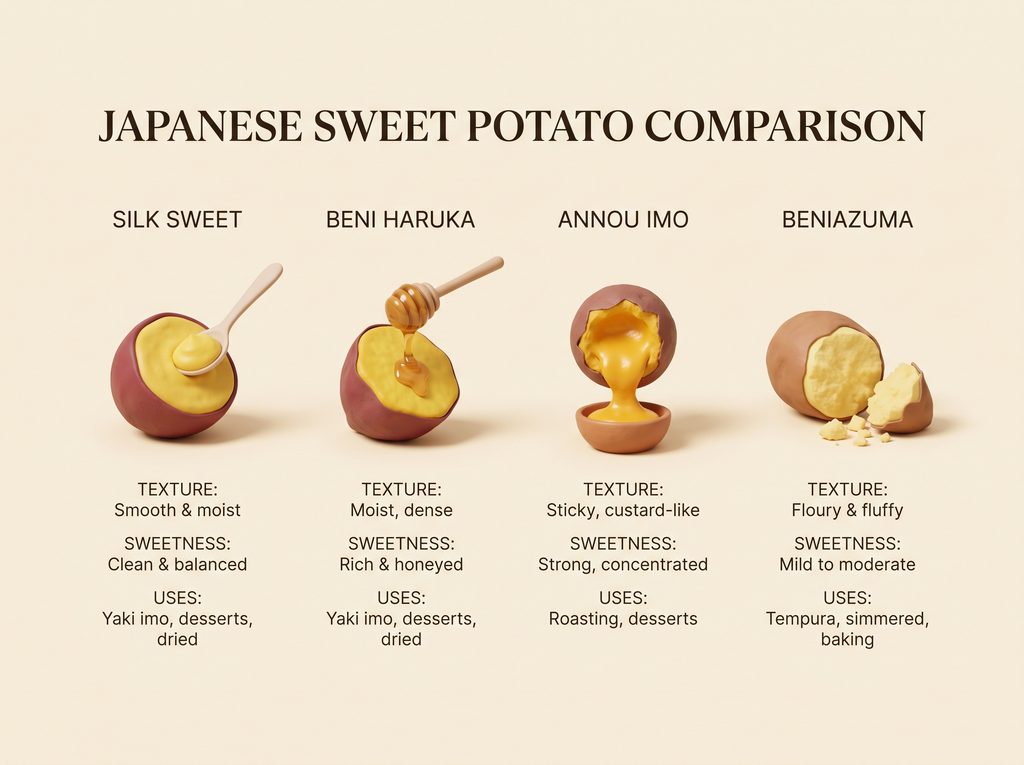 Comparison of four Japanese sweet potatoes: Silk Sweet, Beni Haruka, Annou Imo, and Beniazuma.