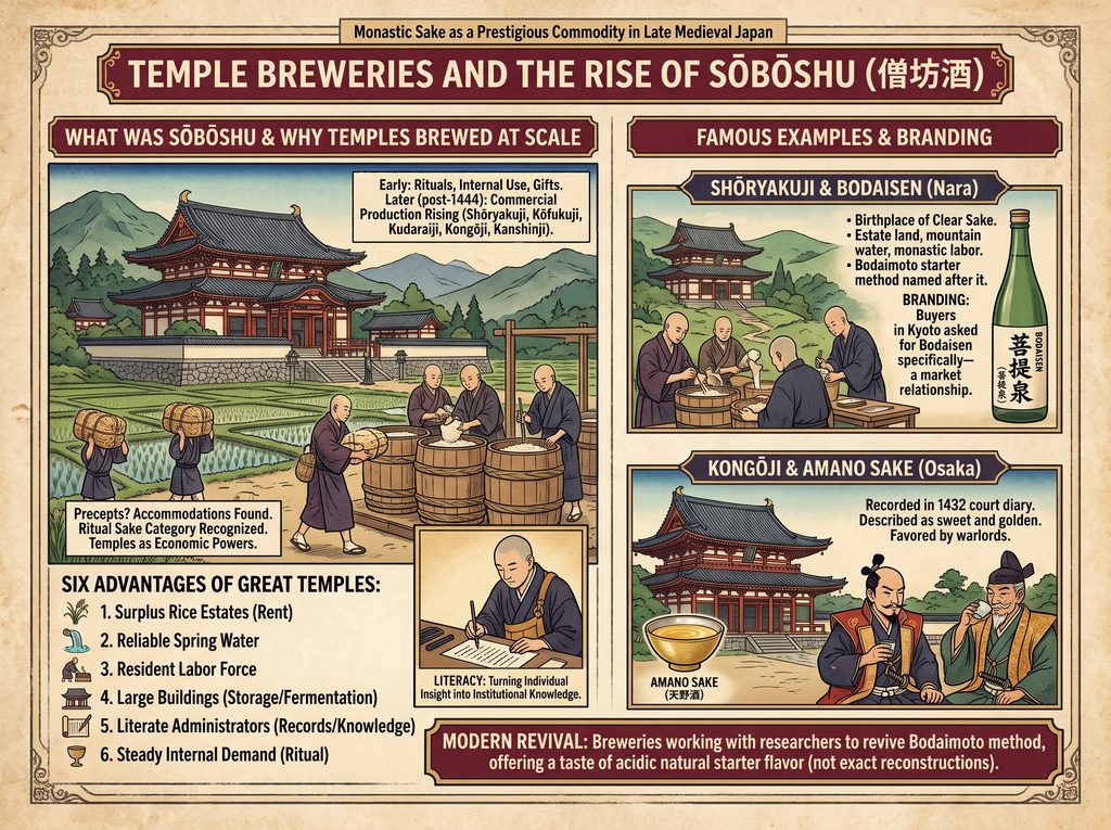 Medieval Japanese temple brewery with sake brewing and traditional architecture.