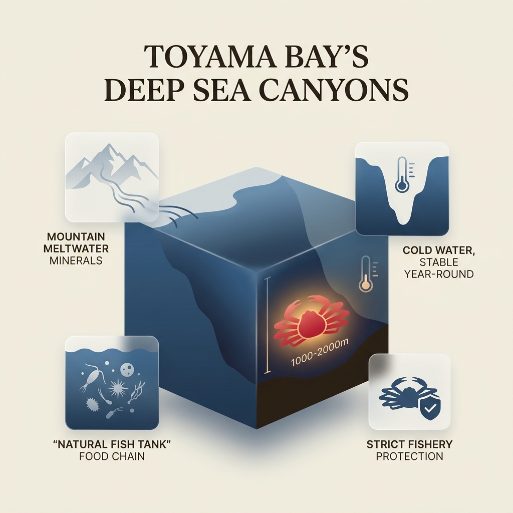 Toyama Bay's deep sea canyons with cold water and natural fish tanks.
