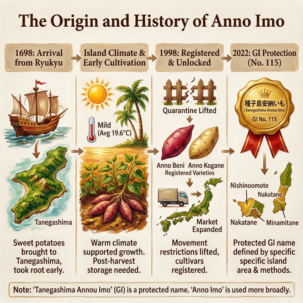 Infographic on the history and origin of Anno Imo sweet potatoes in Japan.