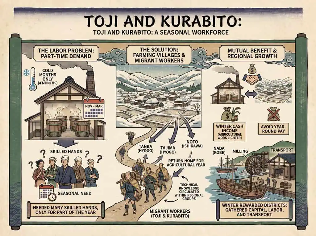 Historical infographic on Toji and Kurabito seasonal workforce in Japan.