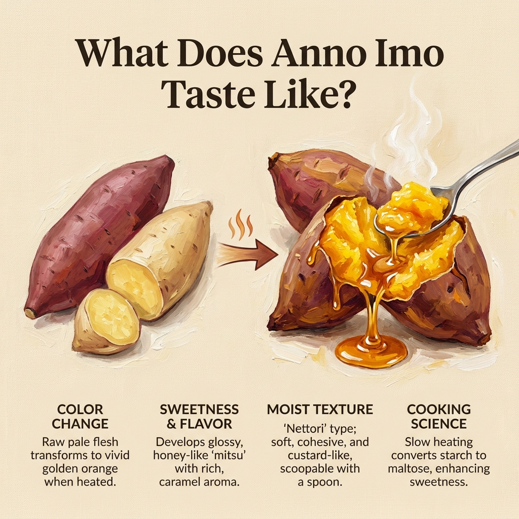 Illustration of sweet potatoes and cooked Anno Imo with description of taste qualities.