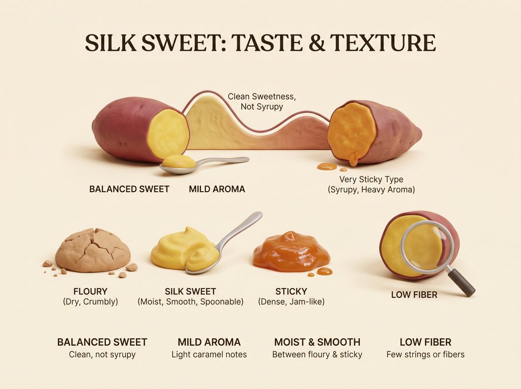 Diagram showing the taste and texture of Silk Sweet sweet potato varieties.