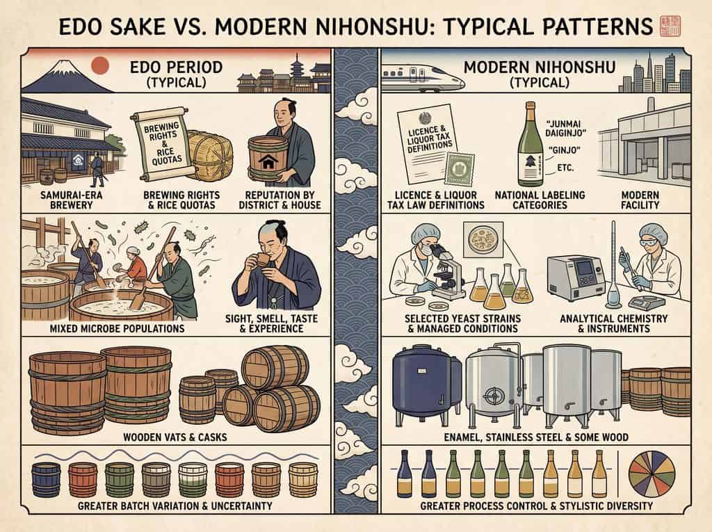 Comparison of Edo period and modern Nihonshu brewing patterns and techniques.