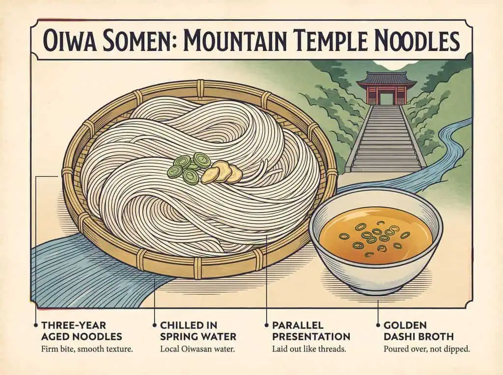 Traditional Japanese mountain temple noodles with dipping sauce in a bamboo basket.