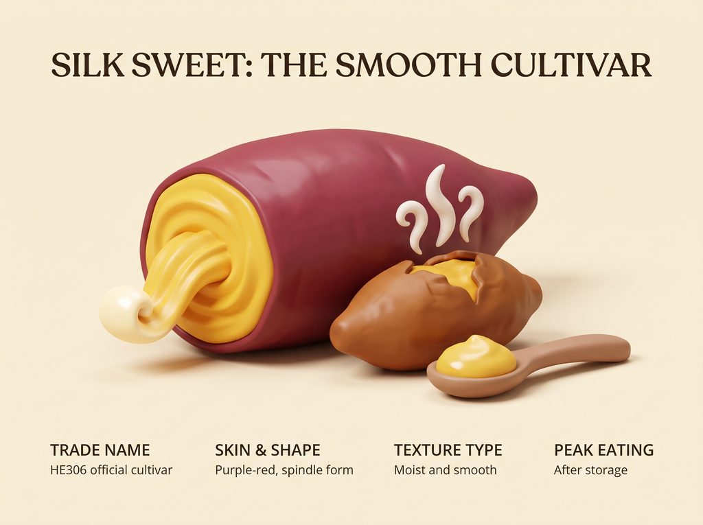 Silk Sweet sweet potato with smooth purple-red skin and creamy flesh.