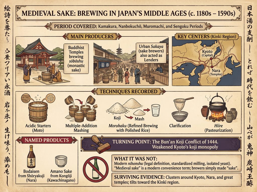 Historical Japanese sake brewing scene with monks and traditional tools.