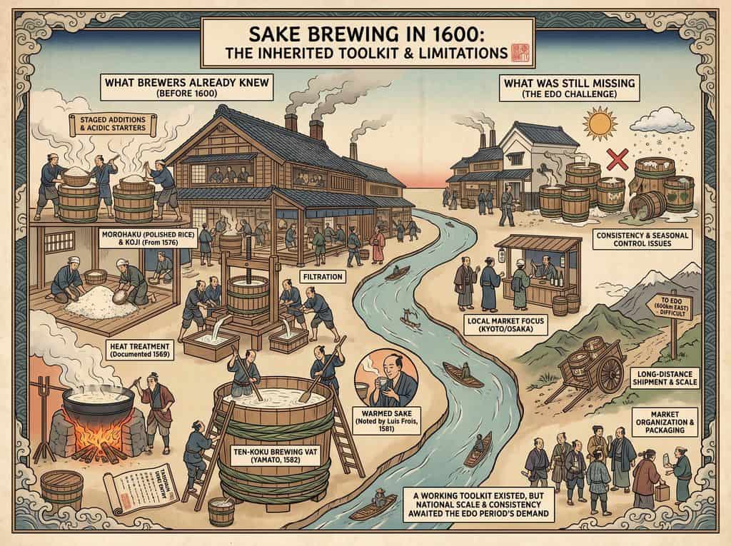 Historical illustration of sake brewing in 1600 Japan with traditional tools and workers.