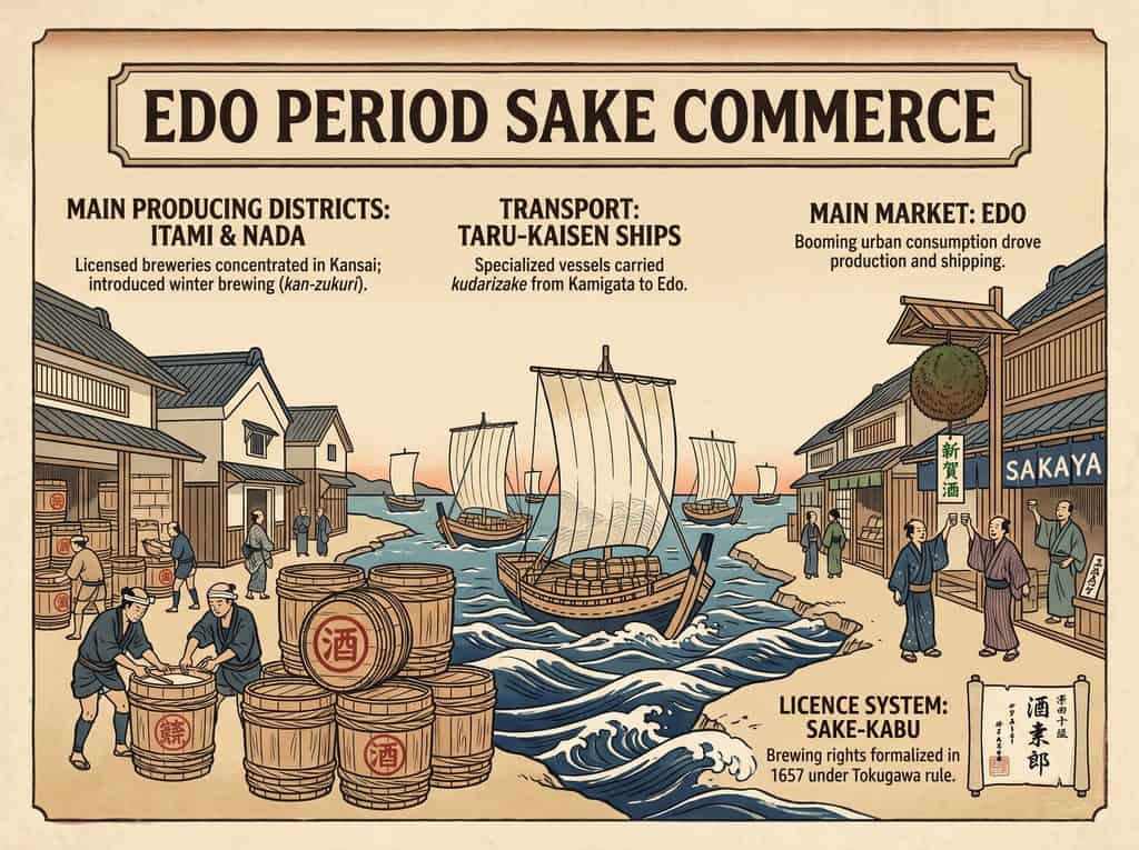 Edo period sake commerce scene with ships, barrels, and market stalls in Japan.