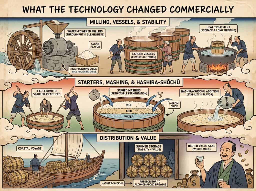 Traditional sake brewing process in Japan with fermentation, distribution, and storage stages.