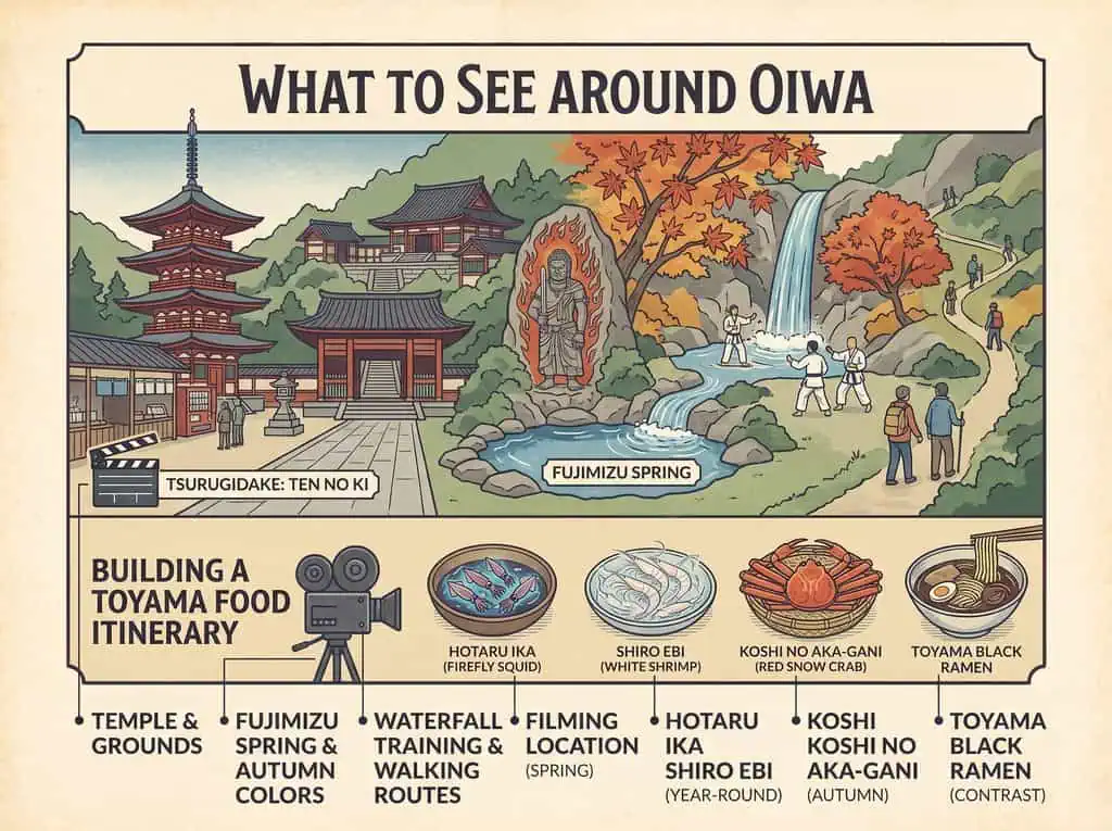 Scenic view of Oiwa with temples, waterfall, and autumn foliage in Japan.