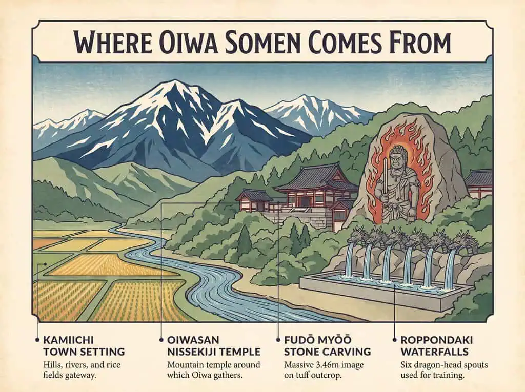 Map of Oiwa Somen origin with mountains, temple, and waterfalls in Japan.