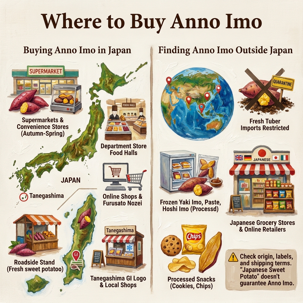 Map showing where to buy Anno Imo sweet potatoes in Japan and abroad.