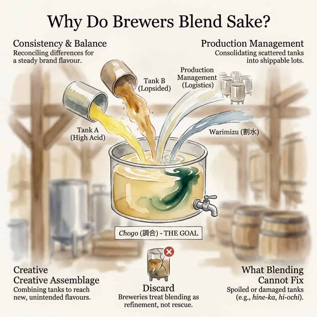 Diagram of sake blending process showing tanks, production management, and discard.