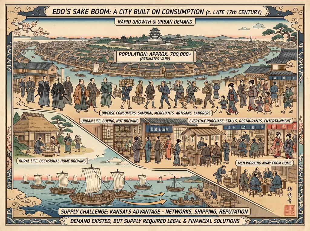 Historical depiction of Edo period sake industry and urban growth in Japan.