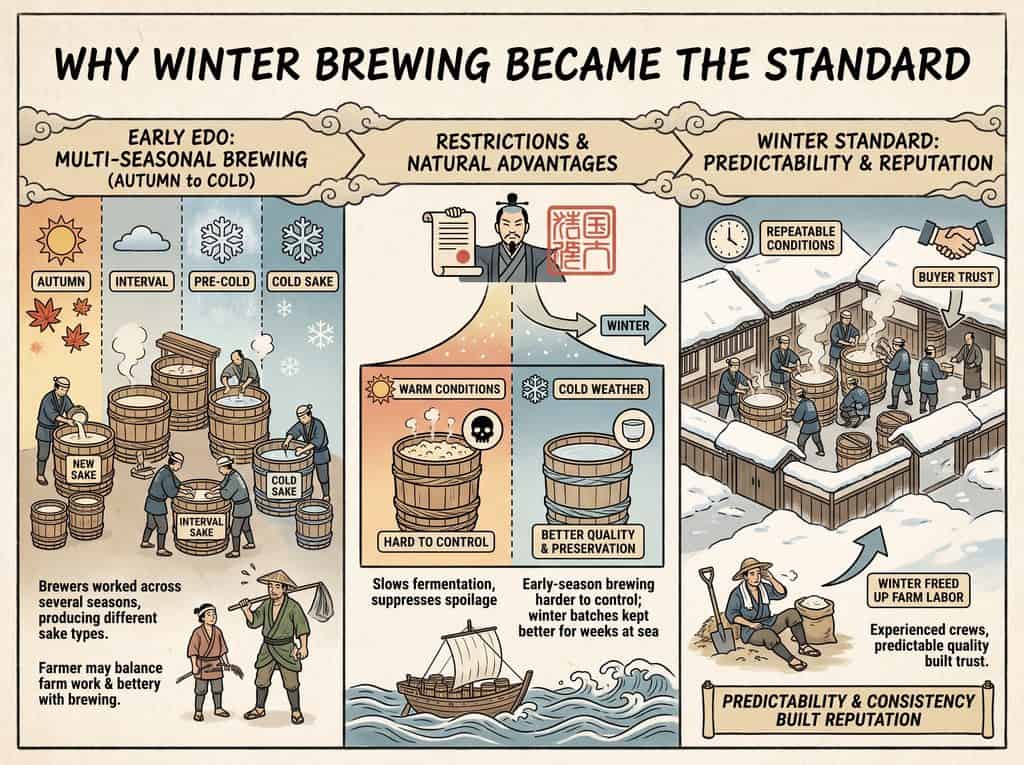 Infographic explaining why winter brewing became standard in Japan.