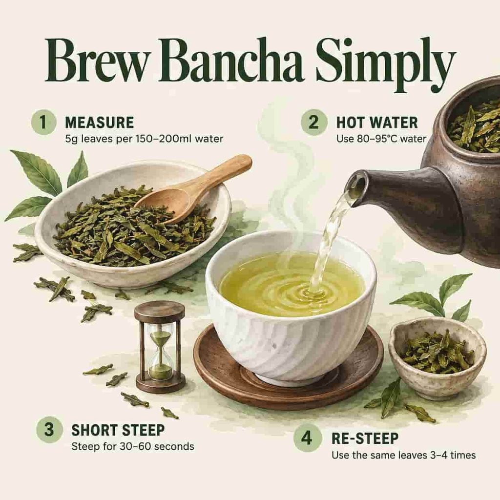 Steps for brewing bancha: measuring loose leaves, pouring hot water, and steeping in a kyusu
