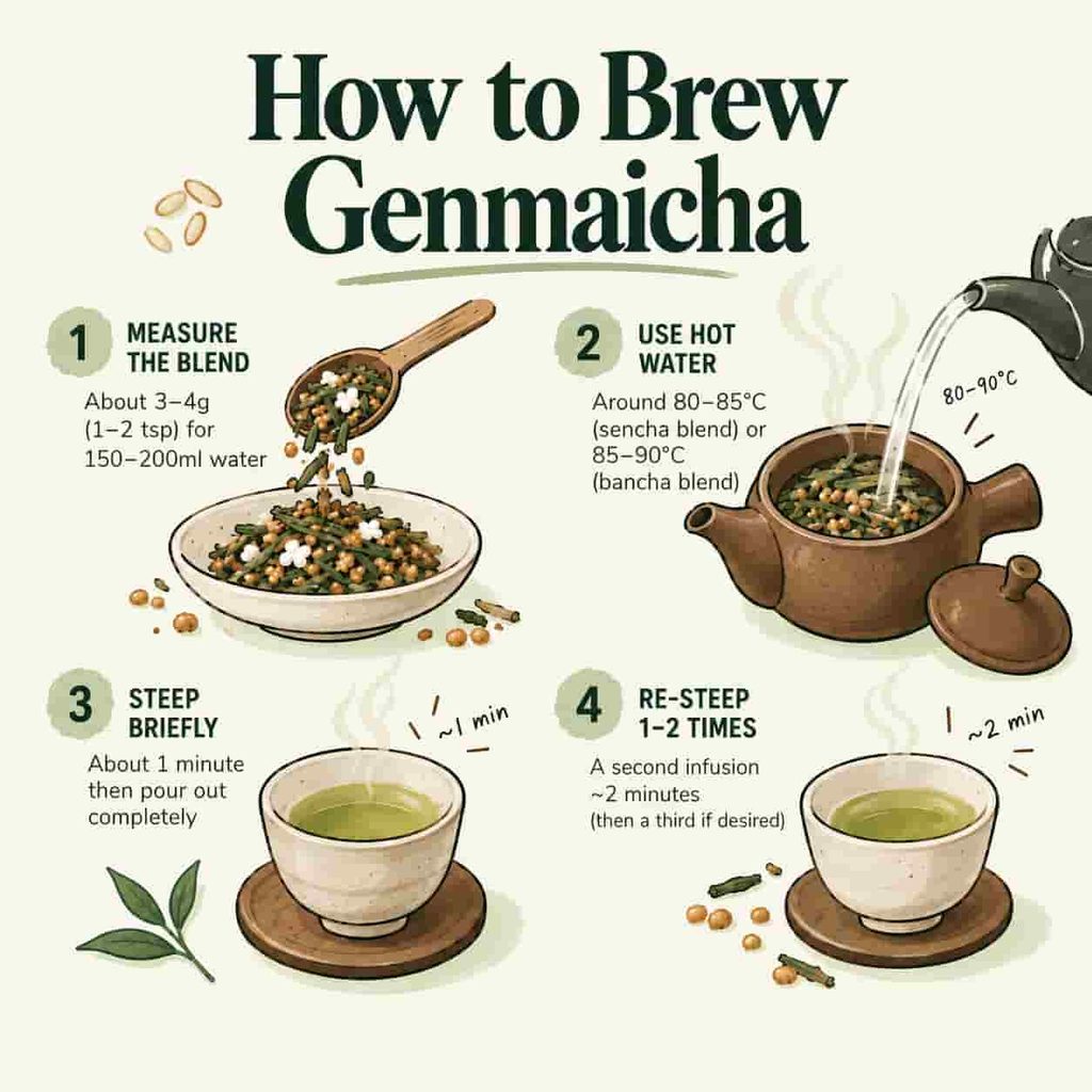 An infographic showing how to brew genmaicha, including measuring the tea, using hot water, steeping for about one minute, and re-steeping for additional infusions.