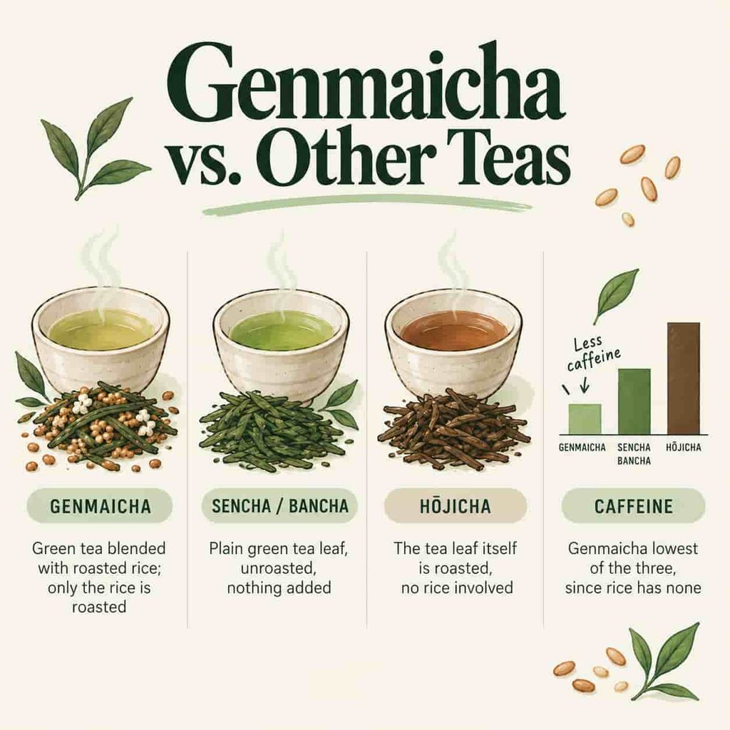 An infographic comparing genmaicha with sencha, bancha, and hojicha, highlighting their ingredients, roasting methods, and relative caffeine levels.